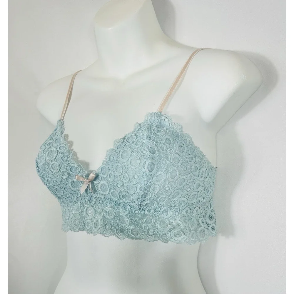 Womens Blue Lace Crop Top Bralette Size M Y2K Fairy Coquette Pink Bow Whimsical